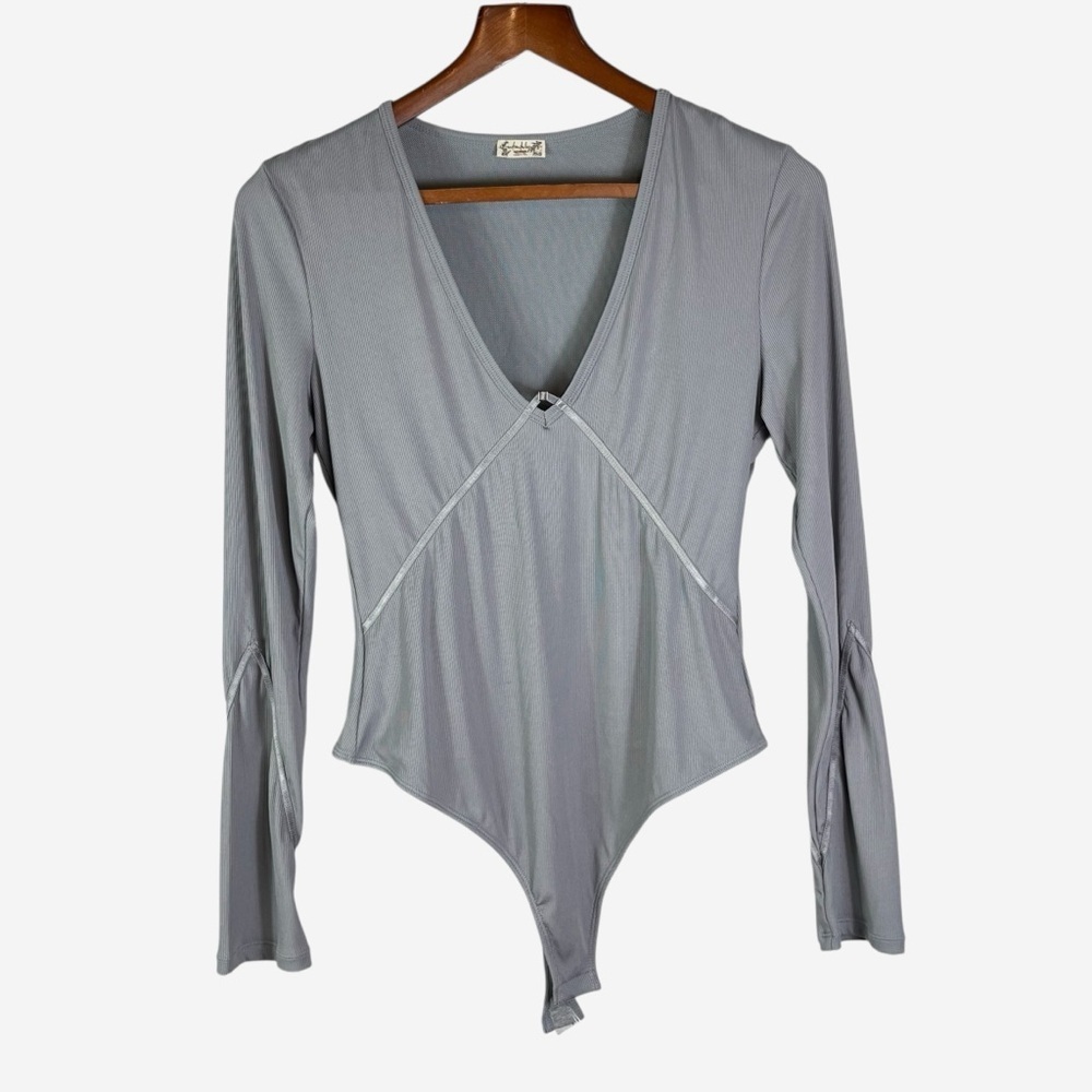 NEW Free People Intimately Victoria Plunge Bodysuit Size L Weathervane Gray Flaw - Picture 6 of 15
